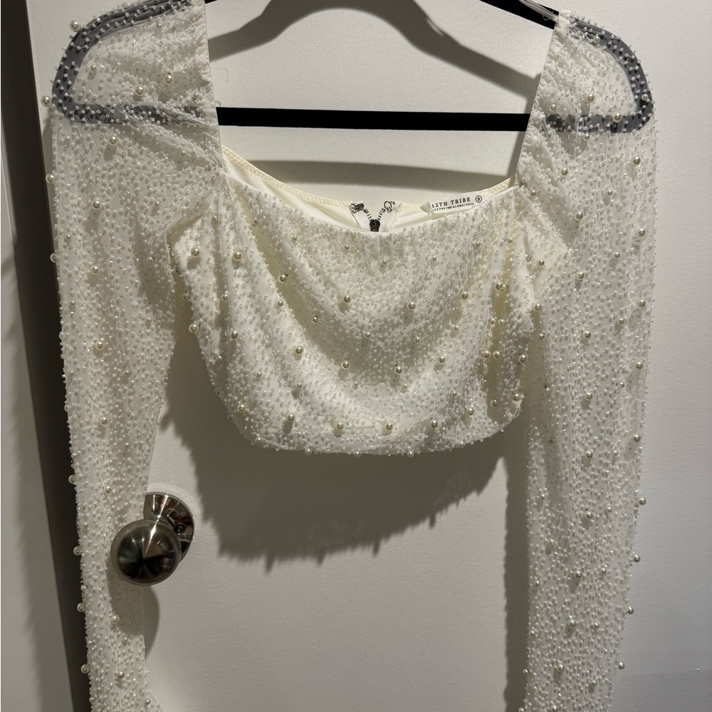 12th Tribe Pearl-Embellished White Crop Top